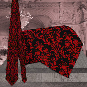 Black & Red Floral Damask Wedding ネクタイ
