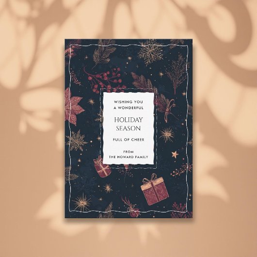 Black Red Floral Whimsical Watercolor Holiday Card