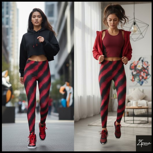 Black Red Glitch Cyber Diagonal Stripe レギンス