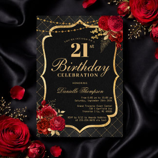 Black, Red & Gold 21st Birthday Invitation 招待状