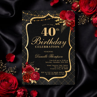 Black, Red & Gold 40th Birthday Invitation 招待状