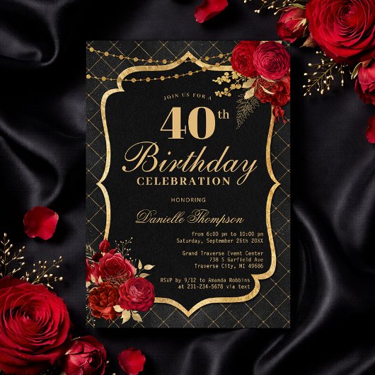 Black, Red & Gold 40th Birthday Invitation 招待状