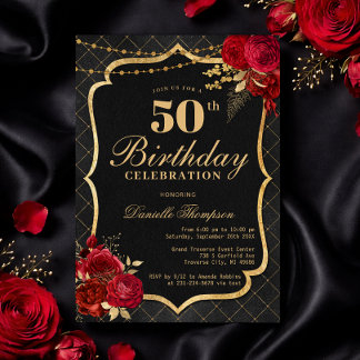 Black, Red & Gold 50th Birthday Invitation 招待状