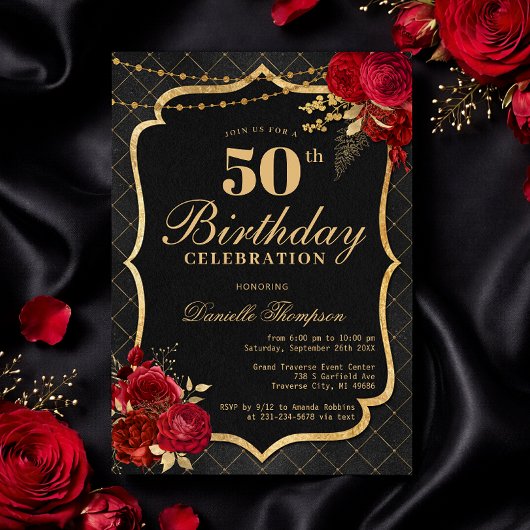 Black, Red & Gold 50th Birthday Invitation 招待状
