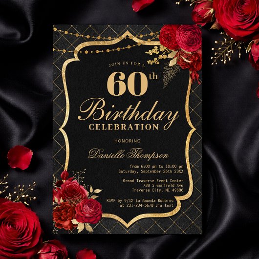 Black, Red & Gold 60th Birthday Invitation 招待状