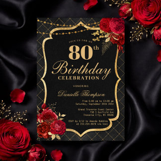 Black, Red & Gold 80th Birthday Invitation 招待状