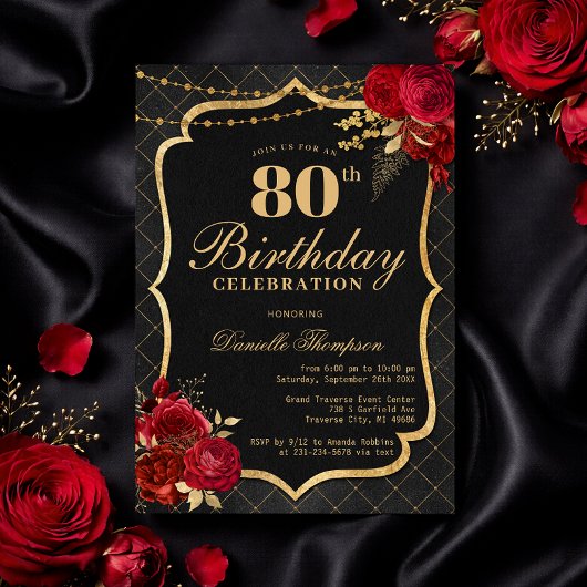 Black, Red & Gold 80th Birthday Invitation 招待状