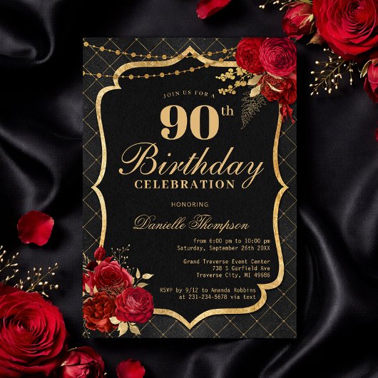 Black, Red & Gold 90th Birthday Invitation 招待状