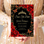 Black Red Gold Quinceanera セーブザデート<br><div class="desc">Black red and gold Quinceanera celebration Save The Date card. Features,  script font,  butterflies,  watercolor roses and tiara. Perfect for an elegant princess style glam celebration. Personalize with your own details. Printed Zazzle cards or instant download digital printable template.</div>