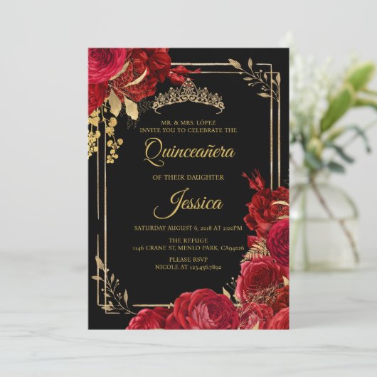 Black Red Gold Quinceanera Invitation 招待状 (スタンド正面)