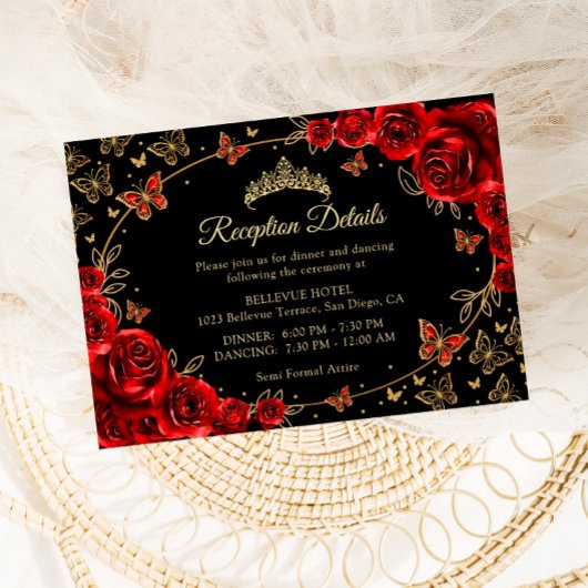 Black Red Gold Quinceanera Reception Details エンクロージャーカード