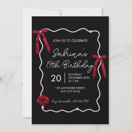Black Red Modern Coquette 19th Birthday Invitation 招待状 (正面)