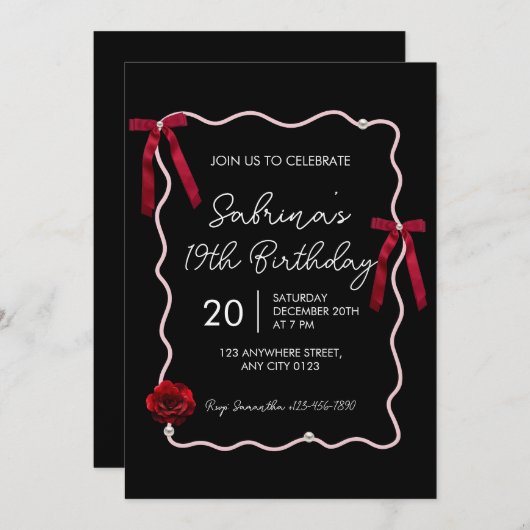 Black Red Modern Coquette 19th Birthday Invitation 招待状 (正面/裏面)