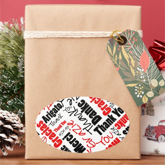 Black Red Multilingual Thank Youタイポグラフィクラウド 楕円形シール (クリスマス)