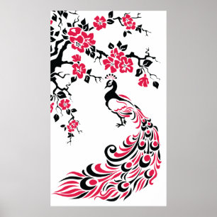 Black red peacock and cherry blossoms poster ポスター