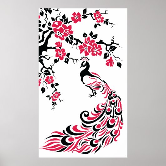 Black red peacock and cherry blossoms poster ポスター (正面)