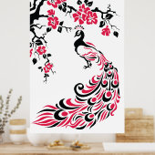 Black red peacock and cherry blossoms poster ポスター (キッチン)