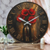 Black & Red Poppy Modern Luxury Floral Decor ラージ壁時計