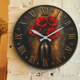 Black & Red Poppy Modern Luxury Floral Decor ラージ壁時計