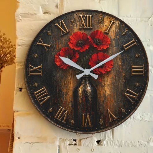 Black & Red Poppy Modern Luxury Floral Decor ラージ壁時計