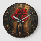 Black & Red Poppy Modern Luxury Floral Decor ラージ壁時計 (正面)