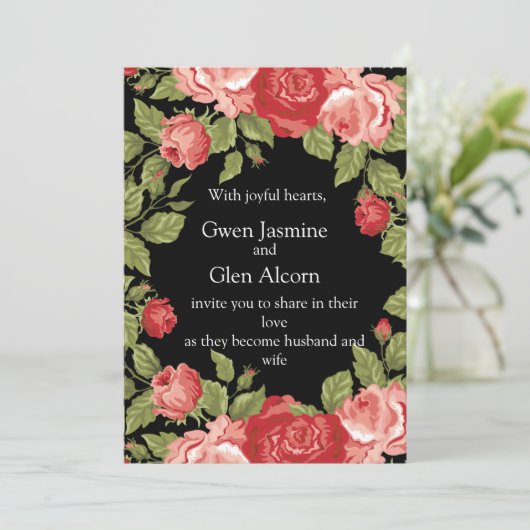 Black & Red Roses Wedding Invitation – Elegant  招待状 (スタンド正面)