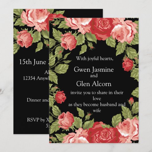 Black & Red Roses Wedding Invitation – Elegant  招待状 (正面/裏面)