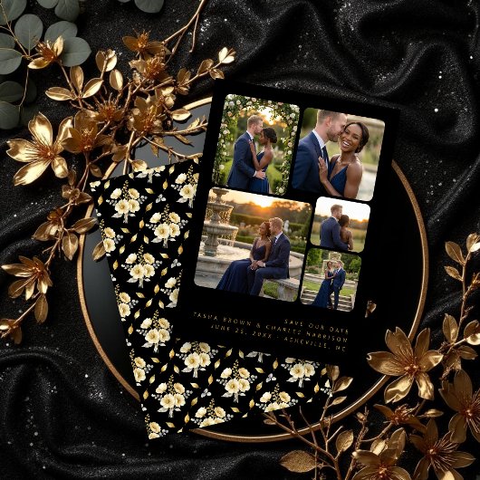 Black Refined Minimalist 5-Photo Collage Wedding  セーブザデート