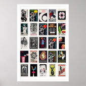 Black Retro matchbox labels wall art, grid ポスター (正面)