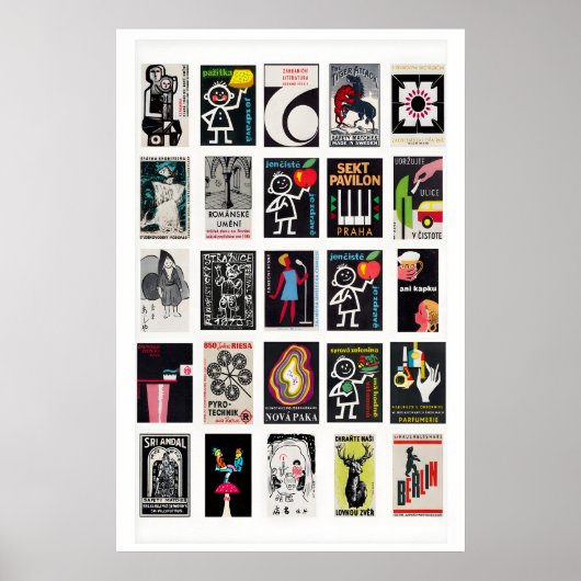 Black Retro matchbox labels wall art, grid ポスター (正面)