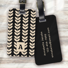 Black Retro Vibe Leaf Pattern Monogram ラゲッジタグ