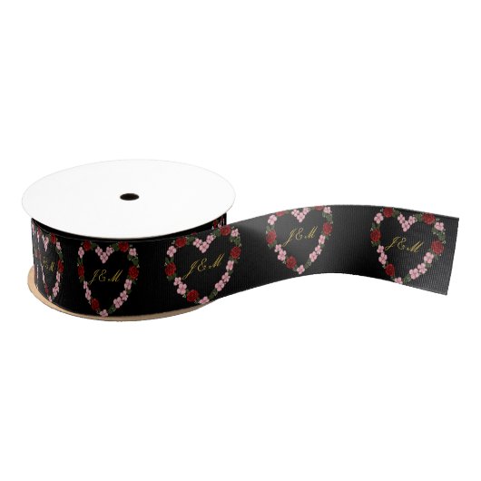 black ribbon with a pink and red heart グログランリボン (リール)