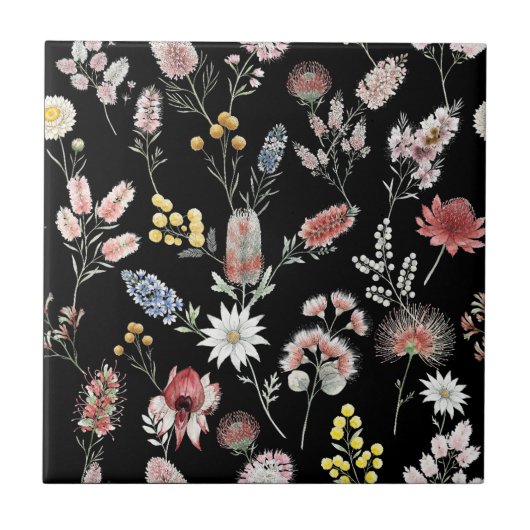 Black Romantic Moody Watercolor Wildflowers タイル (正面)