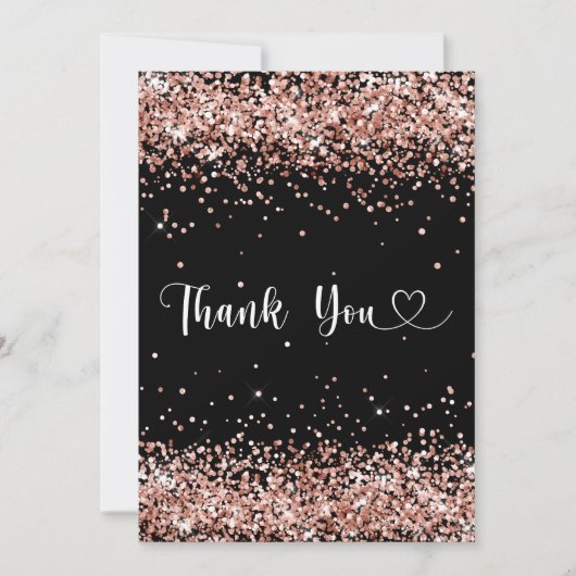 Black rose gold confetti script thank you card 招待状 (正面)
