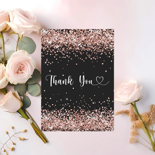 Black rose gold confetti script thank you card 招待状