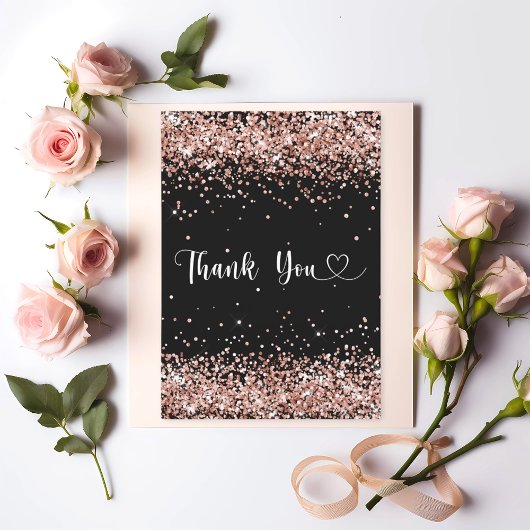 Black rose gold confetti script thank you card 招待状