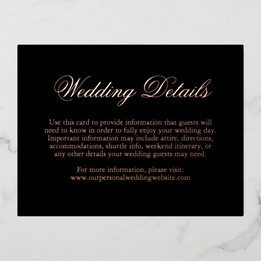 Black Rose Gold Foil Formal Wedding Enclosure Card 箔招待状ポストカード (正面)