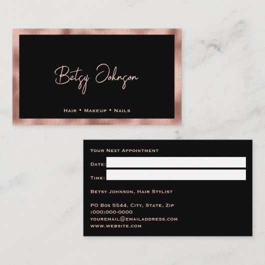 Black & Rose Gold Foil Salon Appointment Card 名刺 (正面/裏面)
