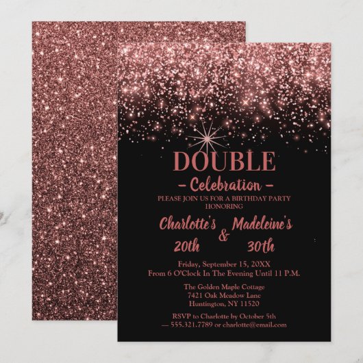 Black Rose Gold Glitter Trendy Joint Birthday 招待状 (正面/裏面)
