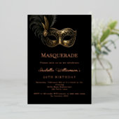 Black rose gold Masquerade birthday party 箔招待状 (立ち正面)