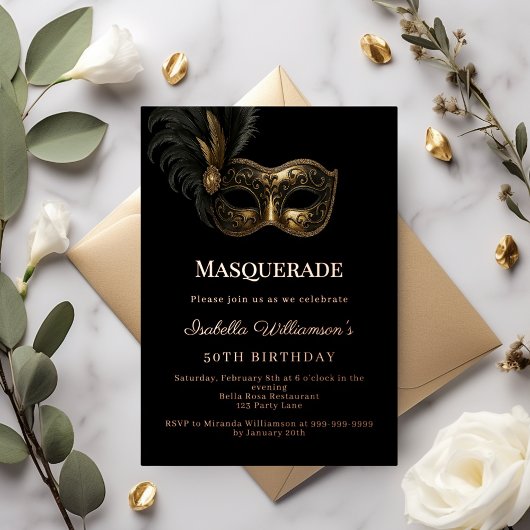 Black rose gold Masquerade birthday party 箔招待状