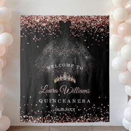 Black & Rose Gold Quinceañera Birthday Backdrop タペストリー