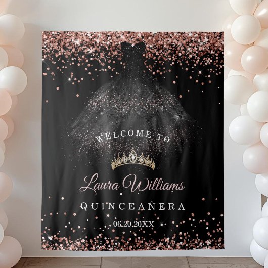 Black & Rose Gold Quinceañera Birthday Backdrop タペストリー