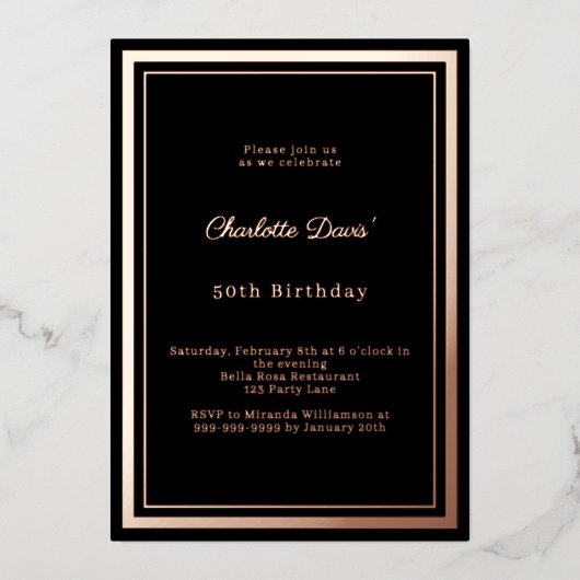 Black rose gold simple luxury birthday 箔招待状 (正面)