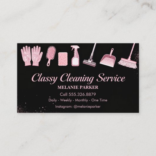 Black & Rose pink Glitter Classy Cleaning Services 名刺 (正面)