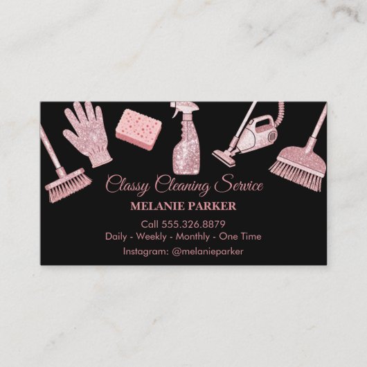 Black & Rose pink Glitter Classy Cleaning Services 名刺 (正面)