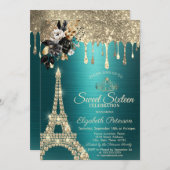 Black Roses Eiffel Tower Gold Drips Green Sweet 16 招待状 (正面/裏面)