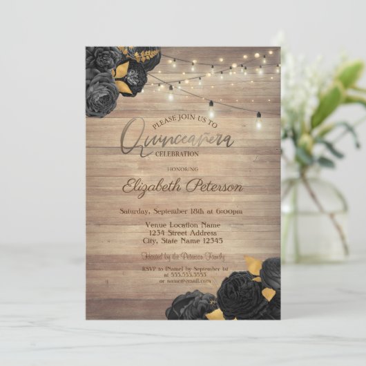Black Roses,String Lights,Wood Texture Quinceañera 招待状 (スタンド正面)