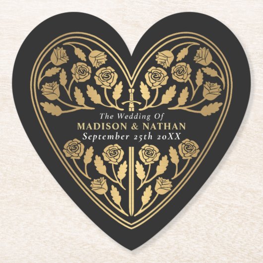 Black Royal Medieval Gold Sword Wedding ペーパーコースター (正面)