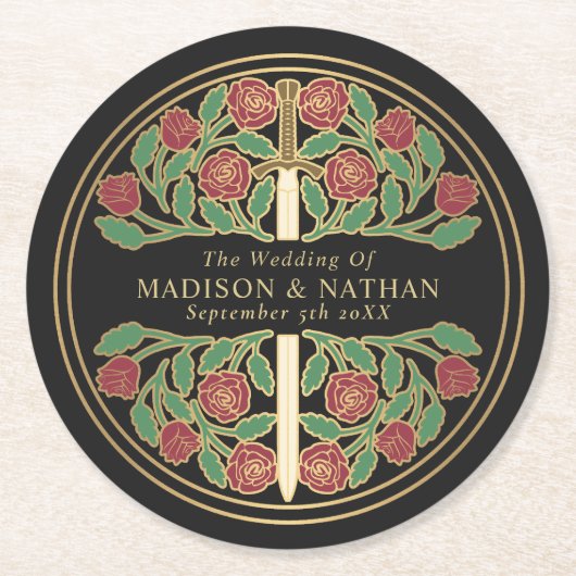 Black Royal Medieval Gold Sword Wedding ラウンドペーパーコースター (正面)